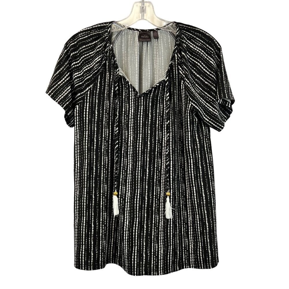 Rafaella Short Sleeve Tie Tasseled Neck Black/White Striped Top Size Small Petit